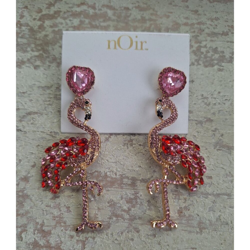 Noir Pink & Red Crystal Flamingo Dangling Stud Earrings